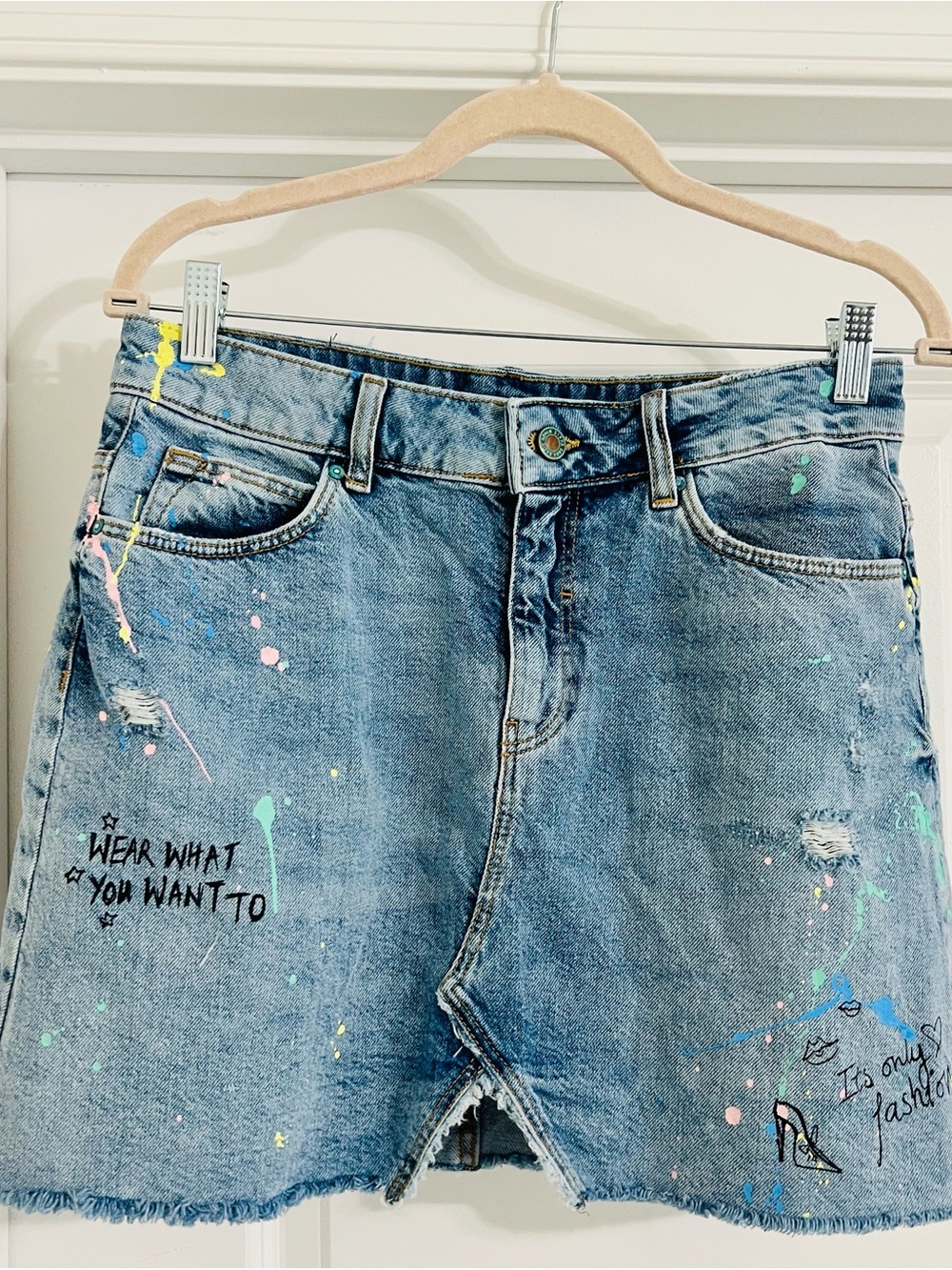Zara Blue Denim Paint-Splatter Mini Skirt